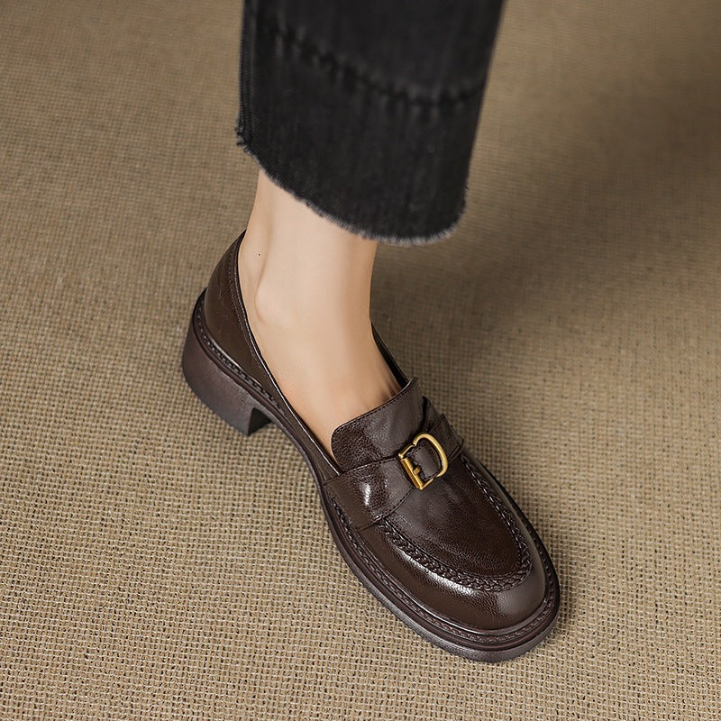 Autumn Round Head Chunky Platform Sheepskin Comfortable Female Black Heels