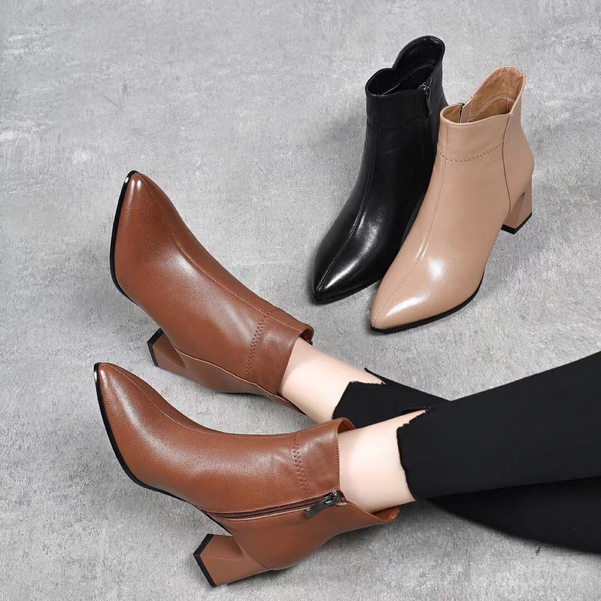 Women's Genuine Flat Soft Booties Pointed Toe Chunky Women's Leather Boots