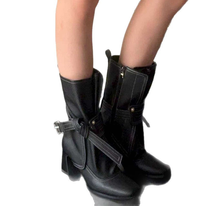 Women's Short French Fashion High Chunky Simple Retro Minority Women's Leather Boots