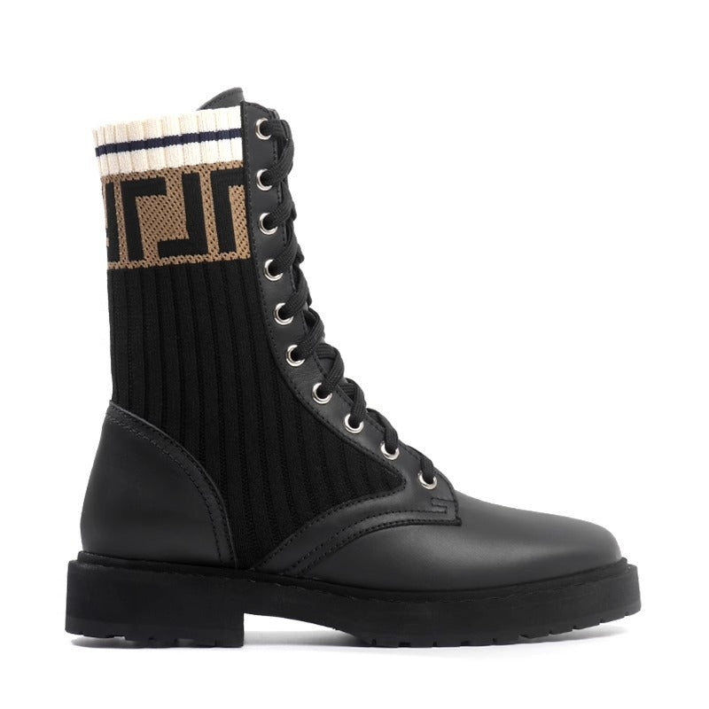 Women's Round Head Chunky Letters Lace Up Elastic Women's Leather Boots