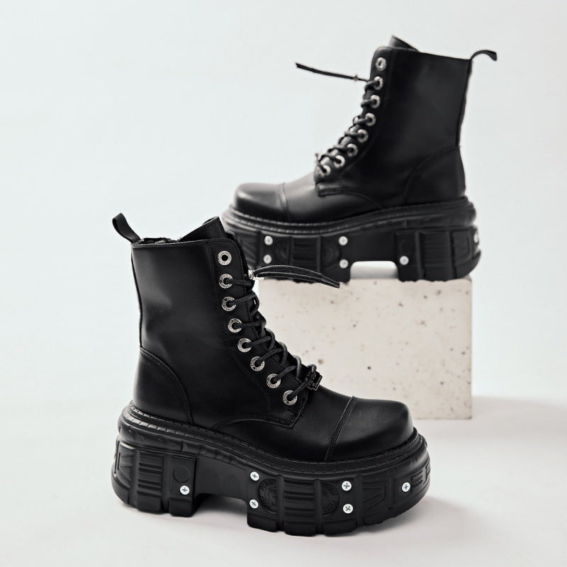 Women's Motorcycle Heavy Metal Platform Martin Spring Punk Leather Shoes