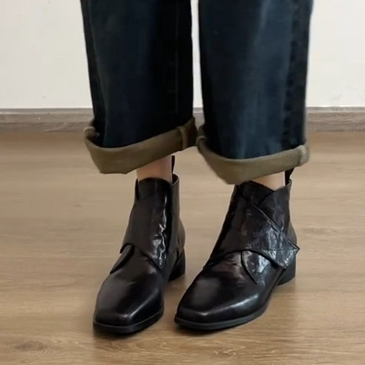 Women's Cowhide Version Niche Square Toe Velcro Martin Boots