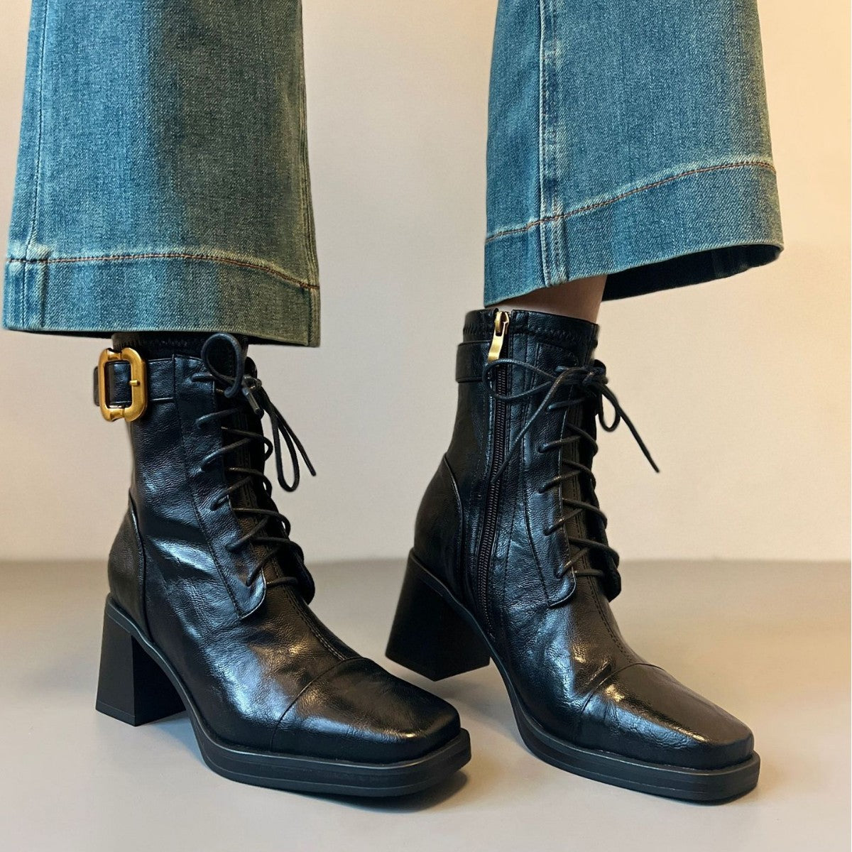 Women's Retro Style Booties High Platform Soft Martin Thick Gold Women's Leather Boots