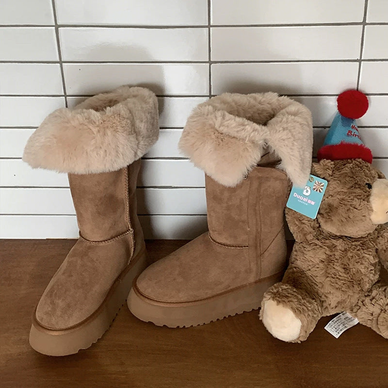 Women's Gray Winter Northeast Thickened Fleece-lined Thick-soled Boots