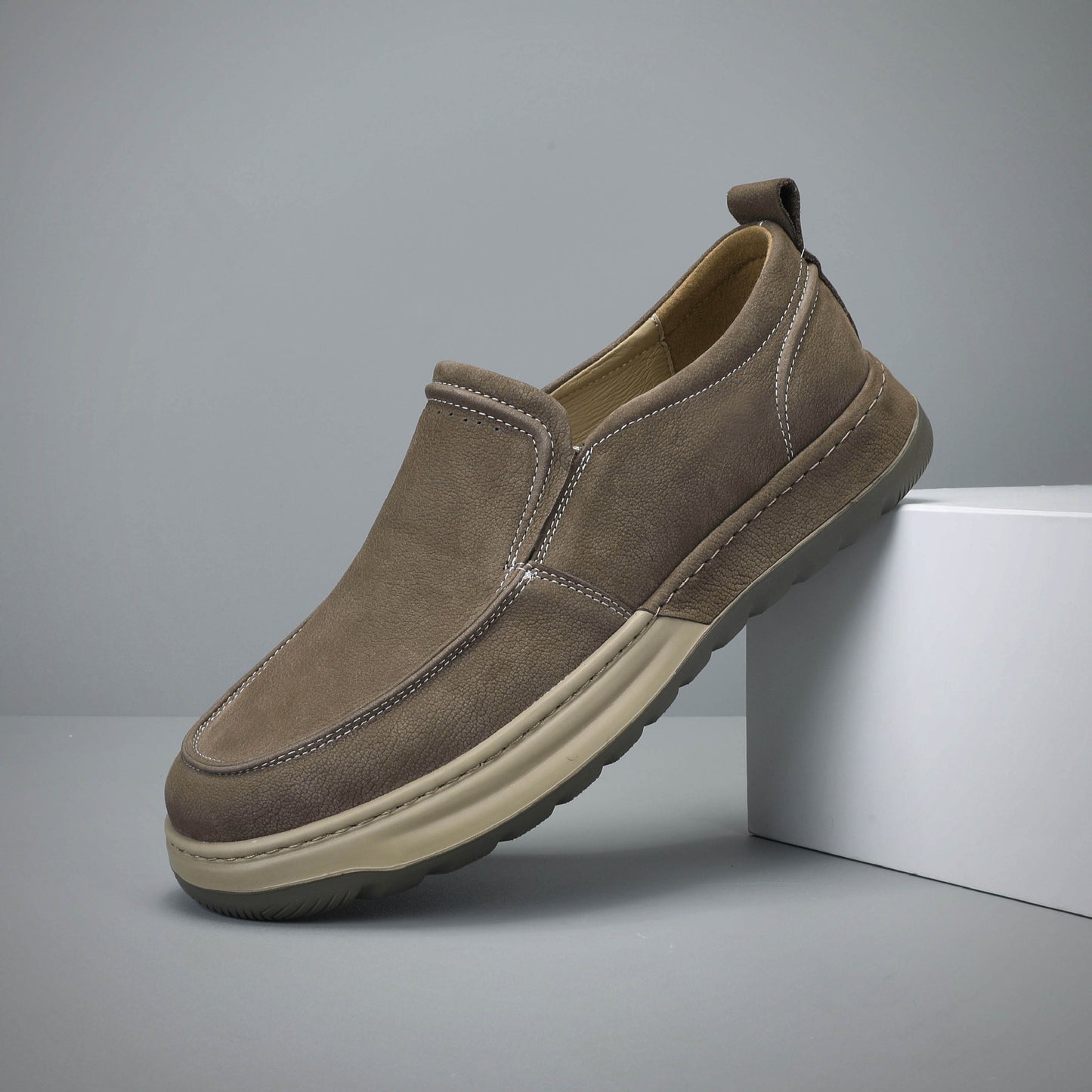 Men's One Pedal Spring Flat Green Genuine Slip-on Beanie Lightweight Soft Men's Casual Leather Shoes