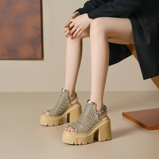 Women's Summer Height Increasing Weaving Hollow Fishnet Design Small Thick-soled Peep High Heeled Sandals