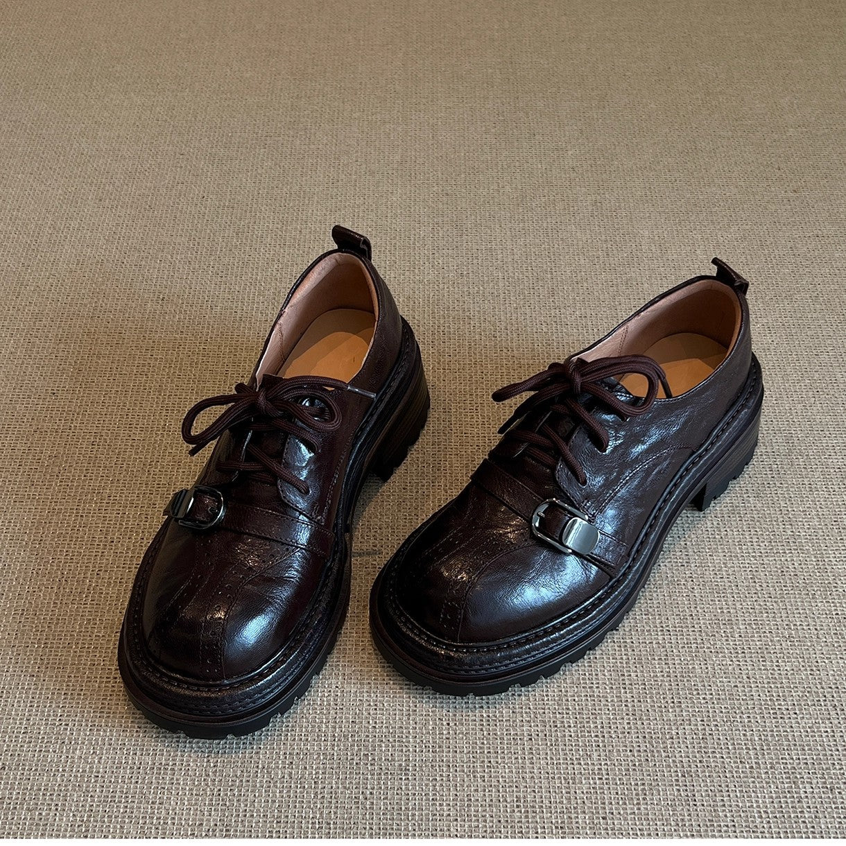Women's Thick-soled Metal Strap British Small Black Leather Shoes