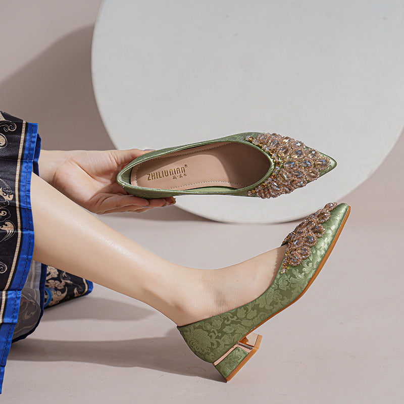 Women's Chinese Style Pointed Toe Pumps Chunky Mid Handmade Women's Fashion Shoes