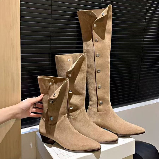 Women's Pointed Toe Pile Style Western Cowboy Button Side Women's Leather Boots