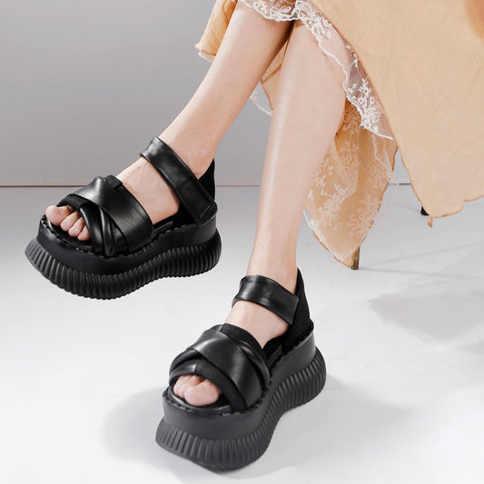 Women's Tail Goods Thick Bottom Fish Mouth Bread Retro Genuine Sandals