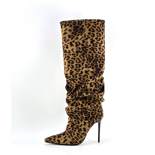 Women's High Side Zipper Pleated Leopard Print Women's Leather Boots