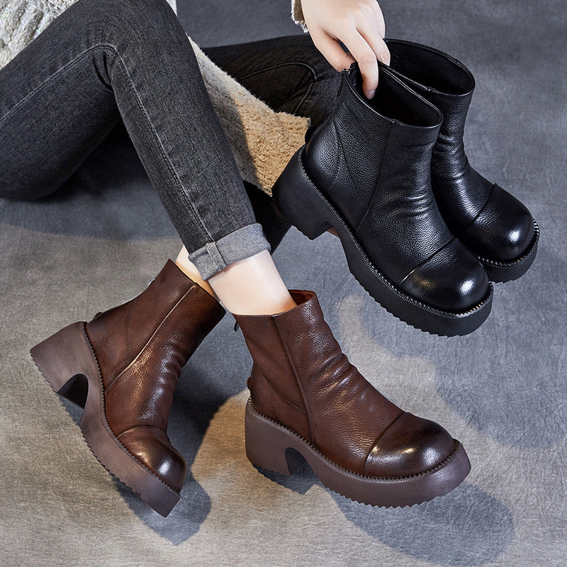 Women's Genuine Platform Ankle High Sense Chunky Boots