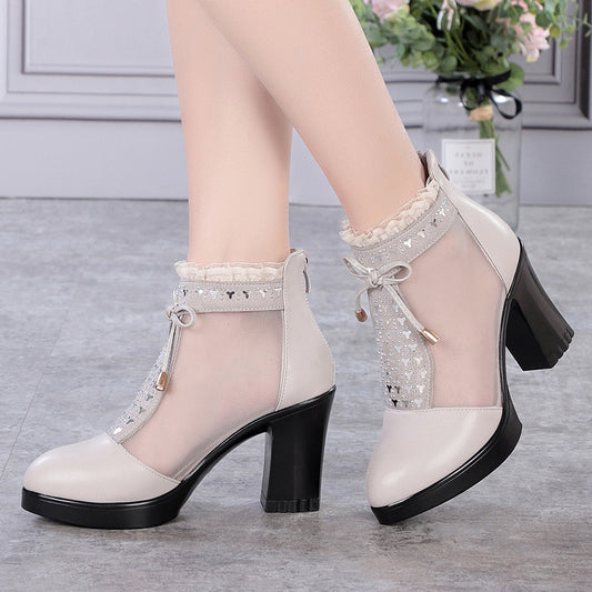 Women's Ankle Yarn Net Chunky Platform Mother Round High Heeled Sandals