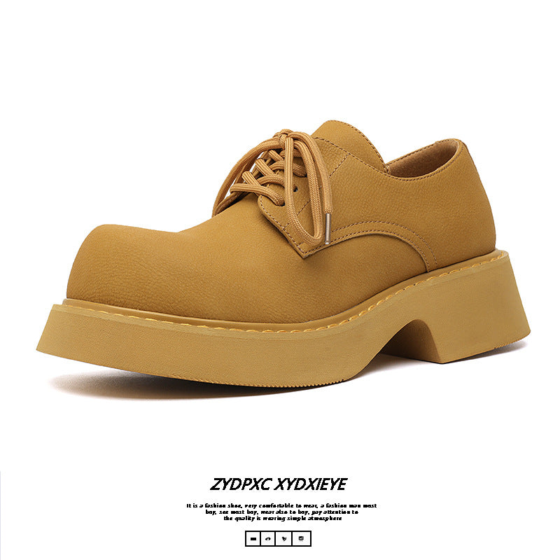 Men's Derby Paris Mickey Round Toe Yellow Spring Niche Thick Leather Shoes