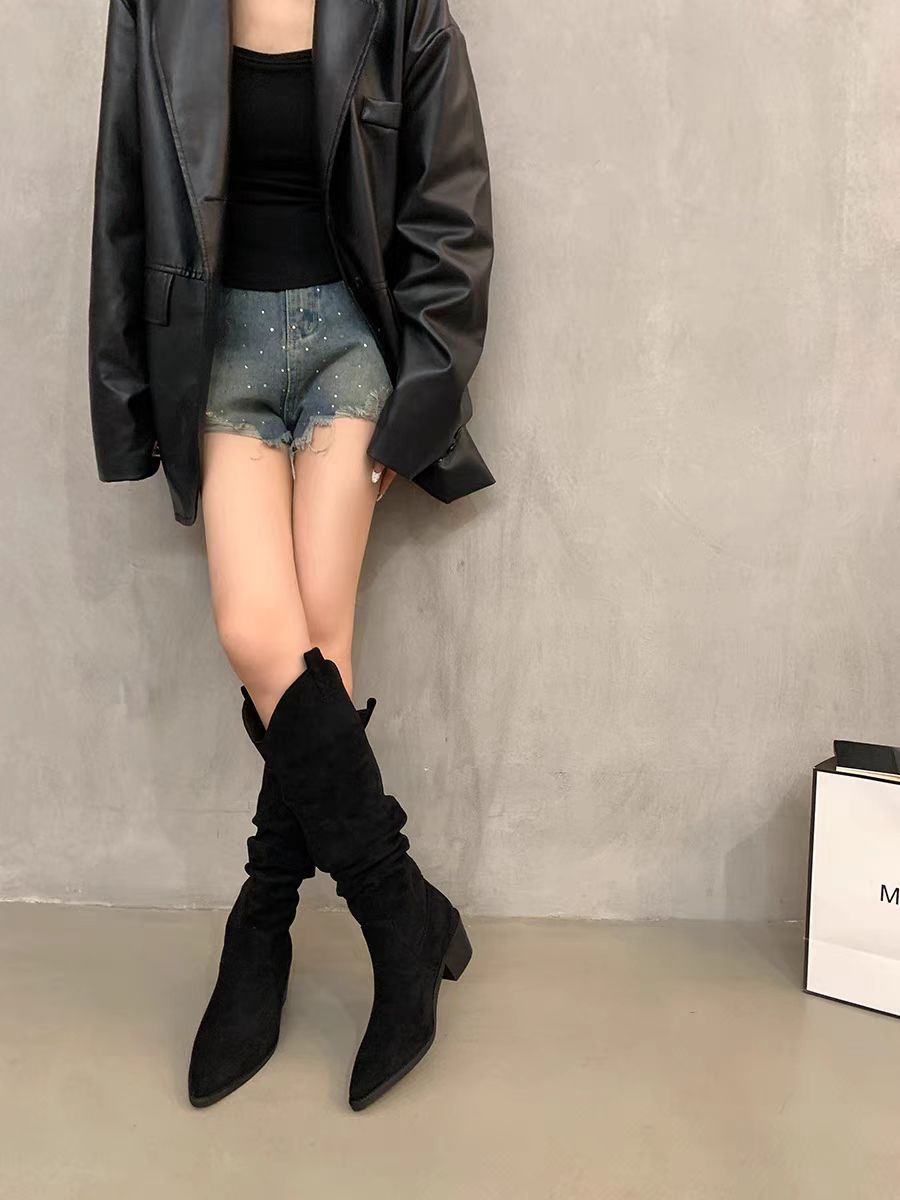 Style Retro Coffee Color Pile Western Cowboy High Leg Female Women's Leather Boots