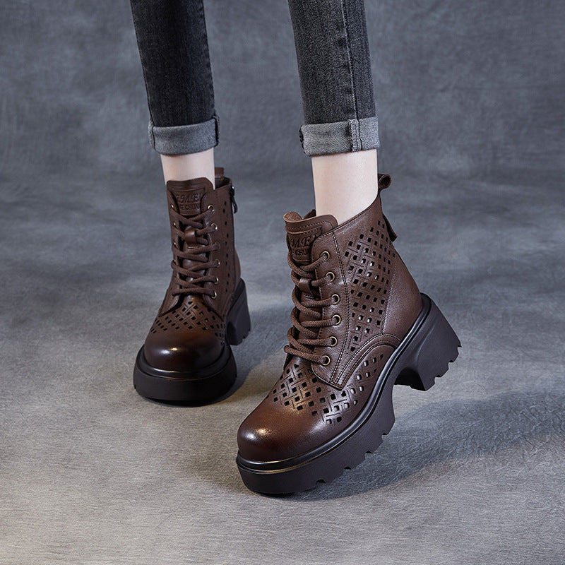 Women's Layer Cowhide Retro British Platform Thin Hollow Genuine Breathable Hole Women's Leather Boots