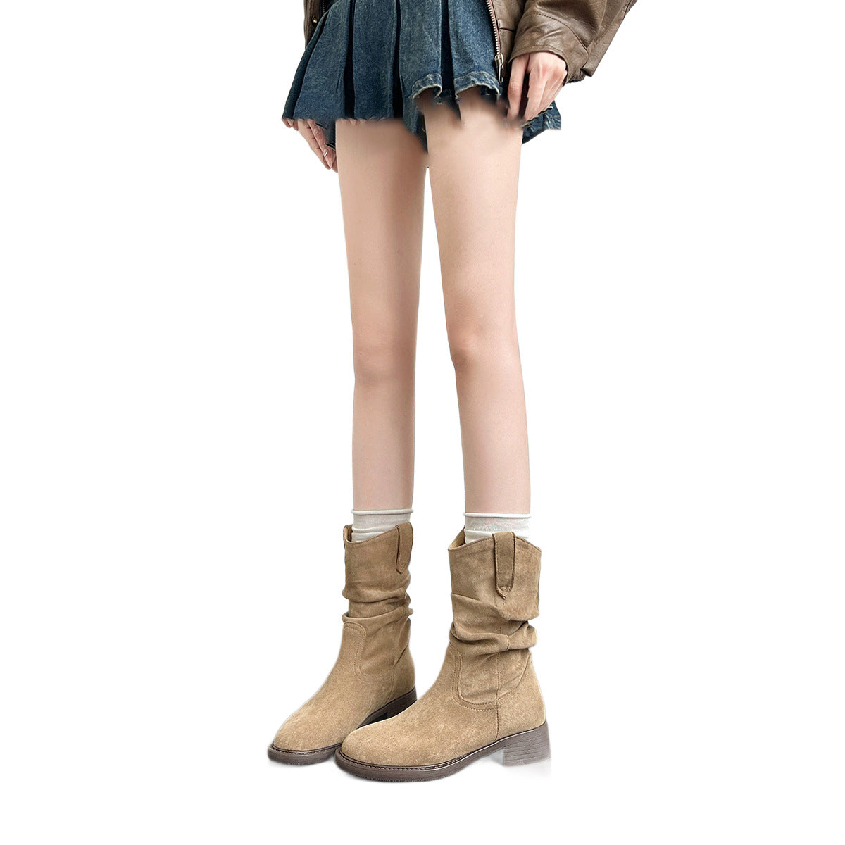 Women's Khaki Martin Pile Style Pleated Single Western Women's Leather Boots