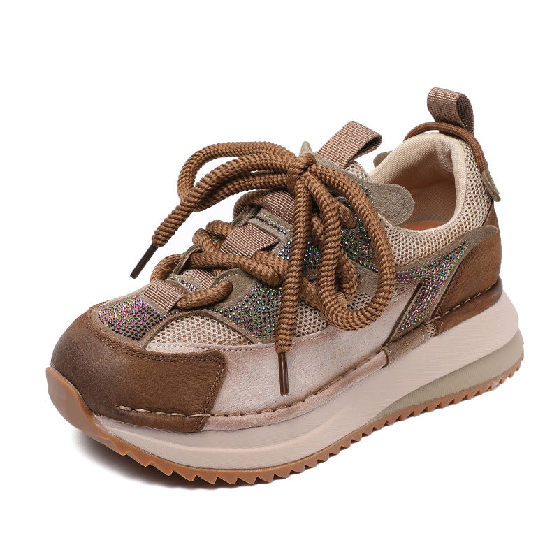 Women's Beautiful Natural Color Genuine Retro Dad Platform Hot Drilling Sneakers