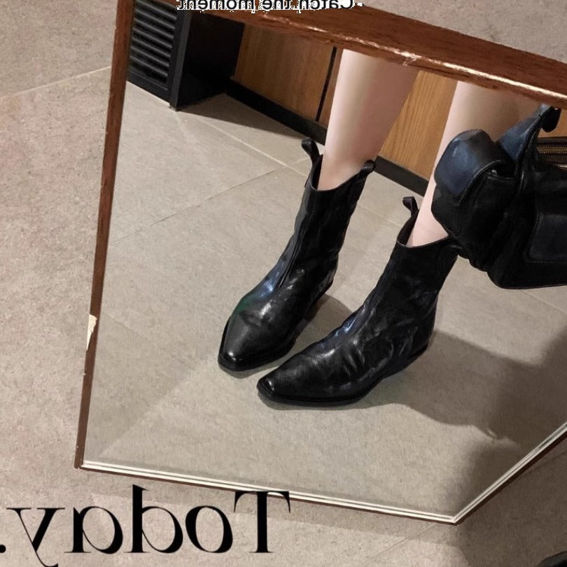 Women's Fashionable Pointed Toe V-shaped Mouth Retro Denim Skinny Thick No Boots