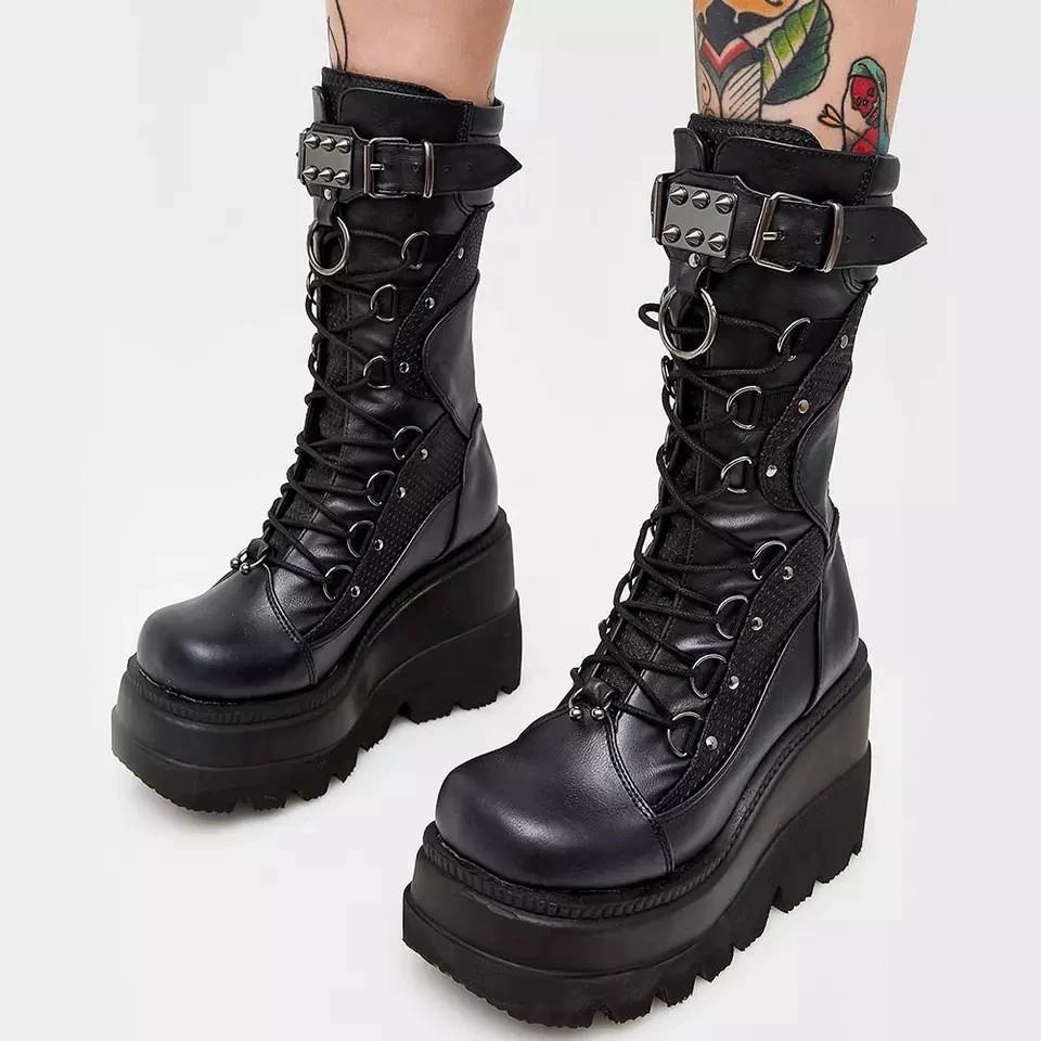 Women's Wedge Knight Plus Size Punk Handsome Platform Middle Women's Leather Boots