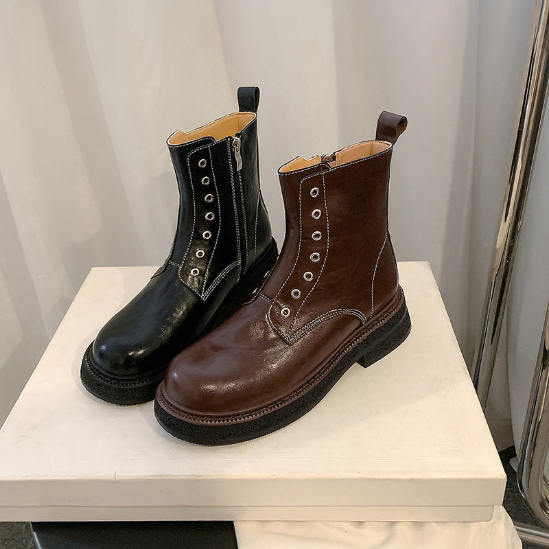 Women's Round Toe Side Zipper Machine Car Women's Leather Boots