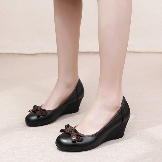 Women's Autumn Wedge Mother Pumps Soft Bottom Top Layer Contrast Color Leather Shoes