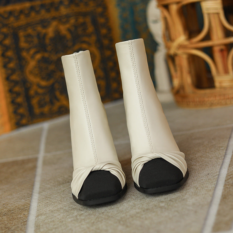 French Retro Hepburn Style Short Chunky High Boots