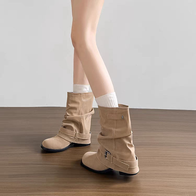Women's Western Denim Pile Style Pleated Pants Tube Short Winter Chunky Heels