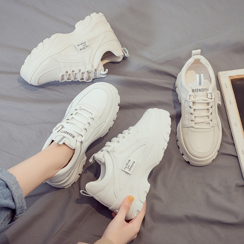 Women's Dad Fashionable Sports Fleece-lined White Thick-soled Sneakers