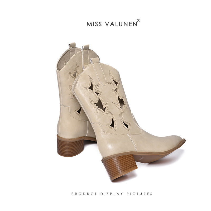 Women's Miss Warren Cowboy Pointed Toe Chunky Fashion Hollow Women's Leather Boots