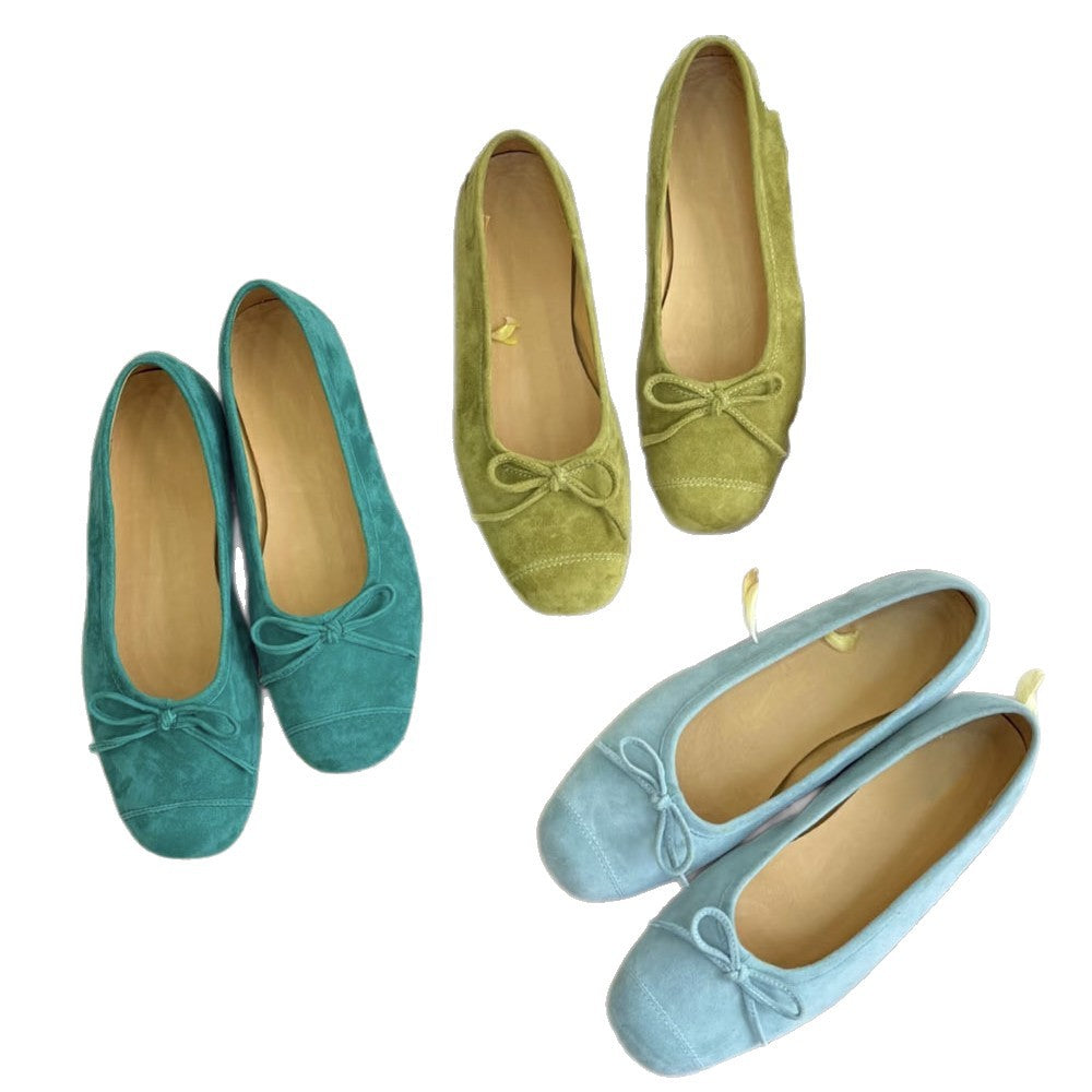 Women's Niche Shallow Mouth Sheepskin Retro Yellow Bow Fairy Style Women's Fashion Shoes