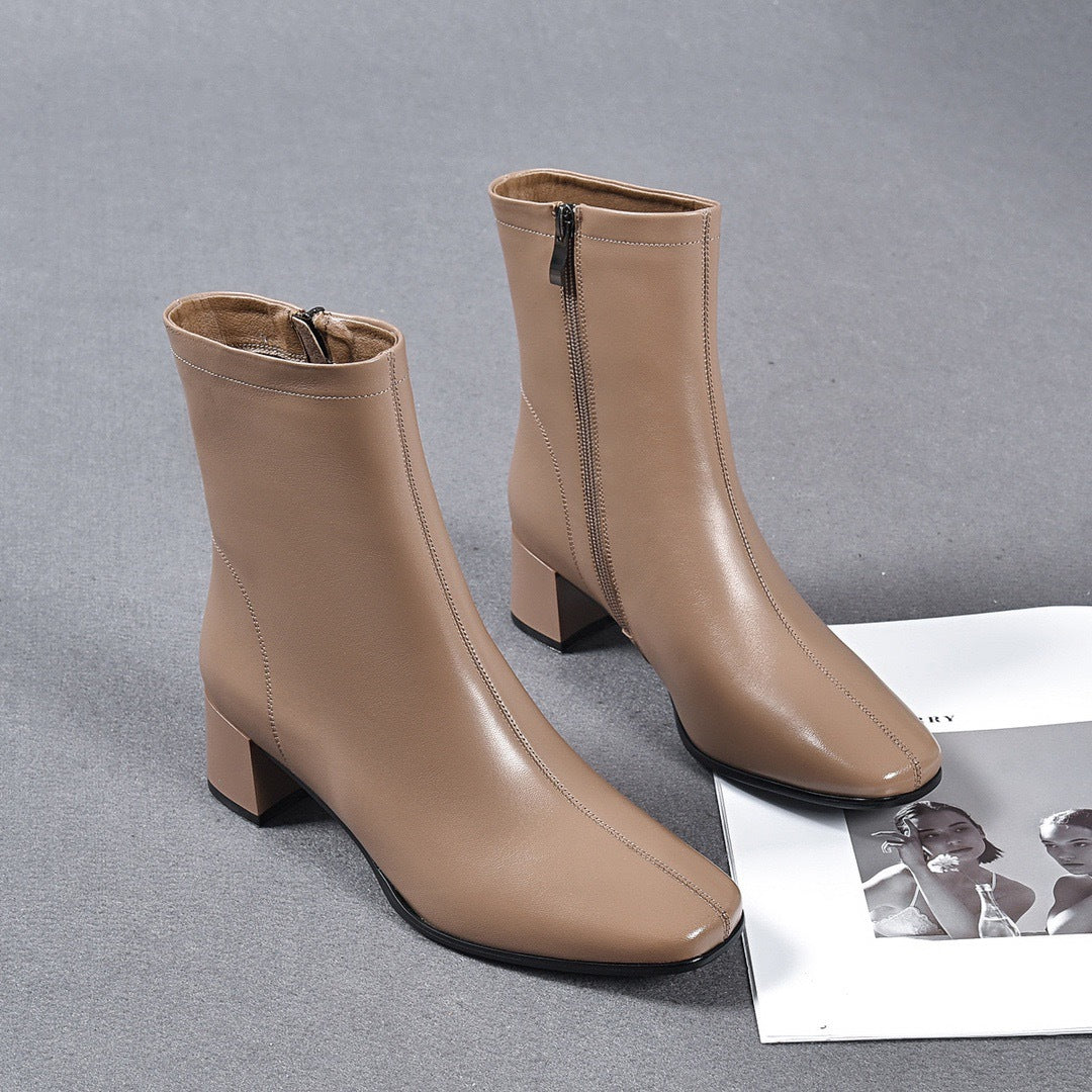 Women's Sheepskin Buskin Square Toe Genuine Soft Mid Chunky Back Zipper Heels