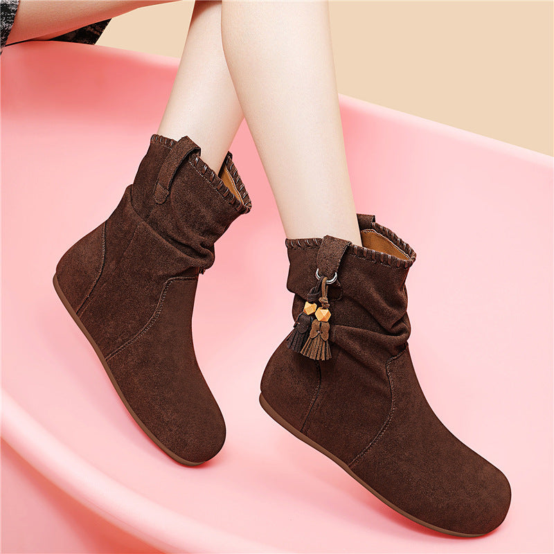 Women's Height Increasing Insole Retro Ankle Western Martin Round Toe Short Women's Leather Boots