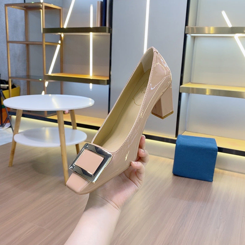 Women's Buckle Patent High Toe Low-cut Metal Temperament Heels