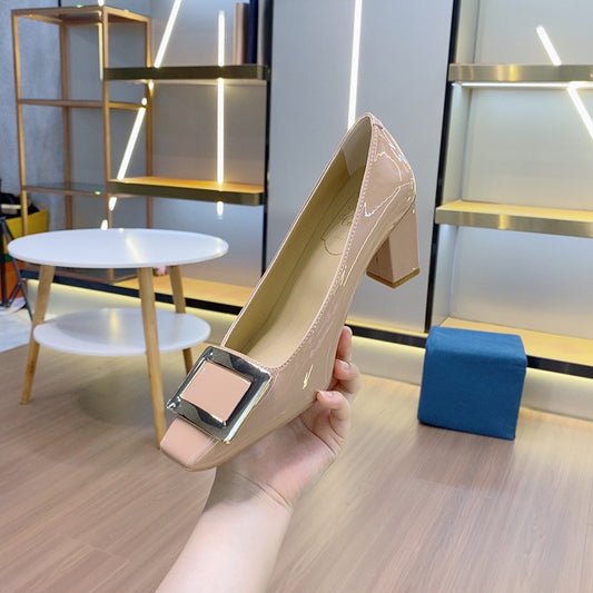 Women's Buckle Patent High Toe Low-cut Metal Temperament Heels