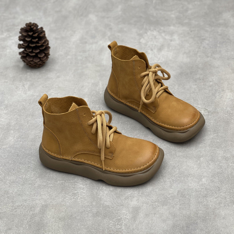 Women's Linen Style Wide Head Top Layer Women's Leather Boots