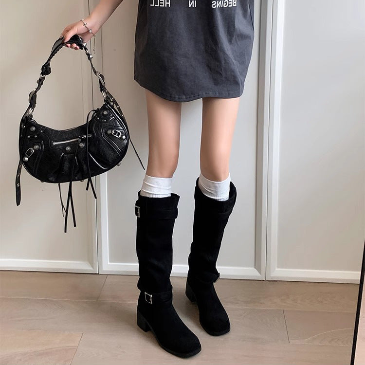 Women's Head Chunky Pile Style Genuine Long Suede Below The Knee Women's Leather Boots