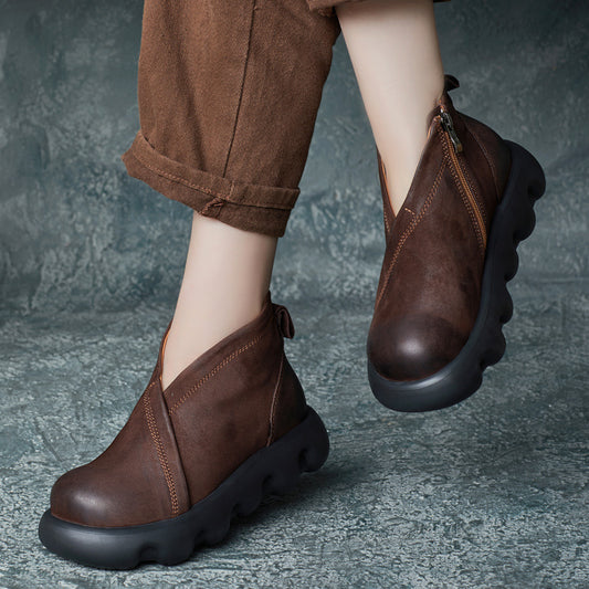 Women's Thick Bottom Short Big Toe Soft Slip On Women's Leather Boots