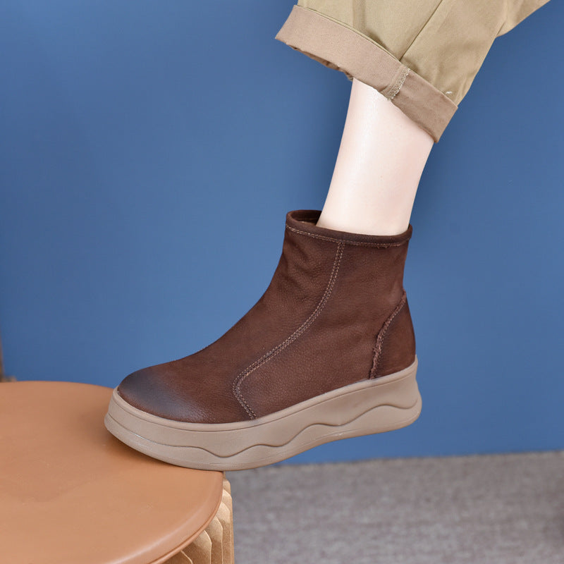 Women's Layer Cowhide Vintage Soft Bottom Fleece-lined Boots