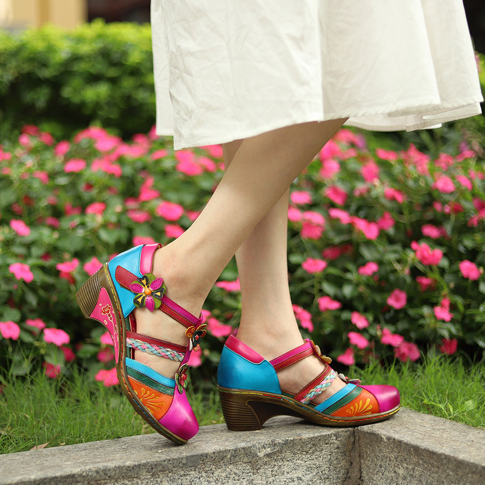 Retro Bright Flower Contrast Color Velcro Wedge Round Toe Mary Women's Fashion Shoes