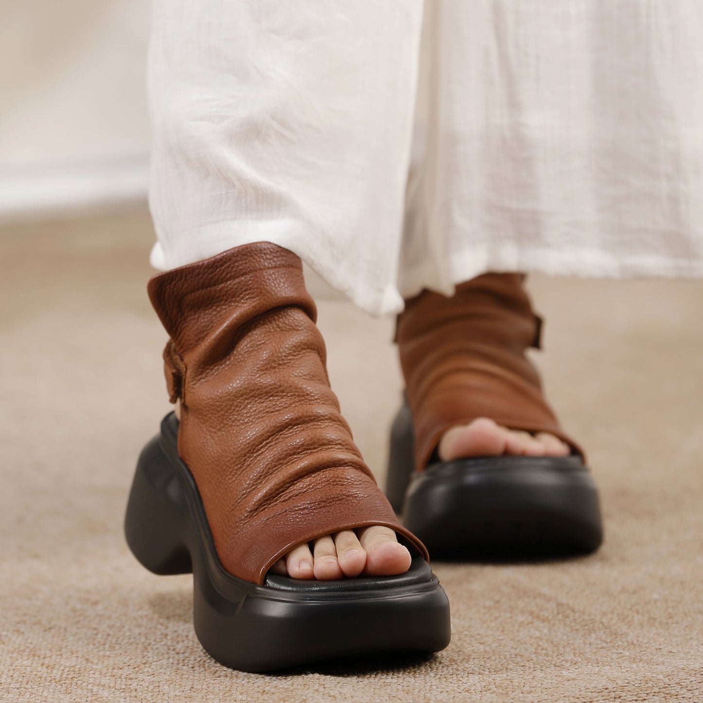 Women's Genuine Fish Mouth Soft Cowhide Comfortable Platform Sandals
