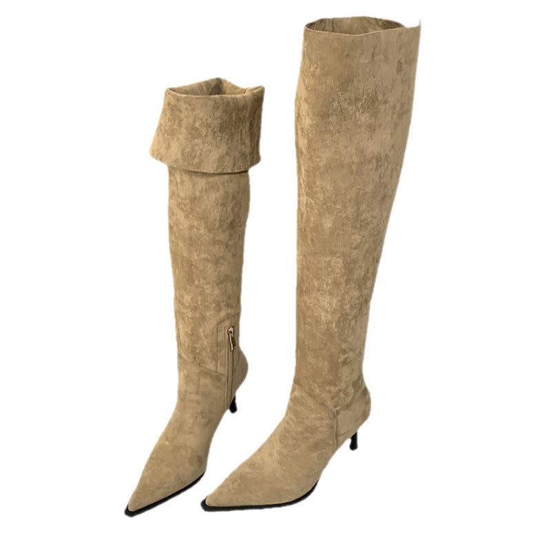 Small Two-way Side Zipper Pointed Toe Suede Boots