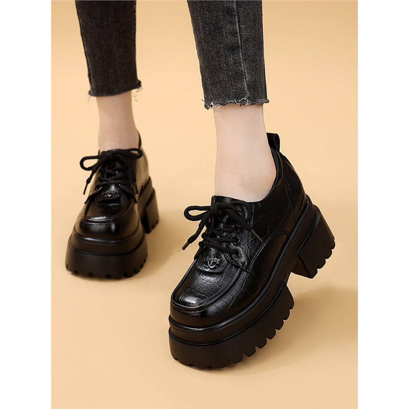 Women's Platform Black Tie Round Toe Mid Slimming Soft Bottom Women's Fashion Shoes
