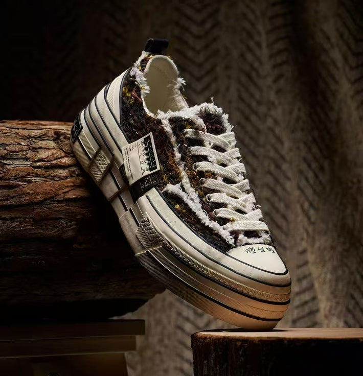 Women's & Men's Double Side Seam Label Beggar Black Muffin Couple Ladder Canvas Shoes