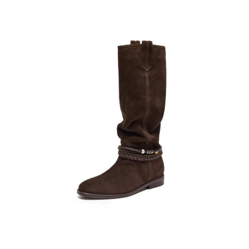 Women's Pastoral Retro Western Cowboy Elegant High-grade Pile Women's Leather Boots