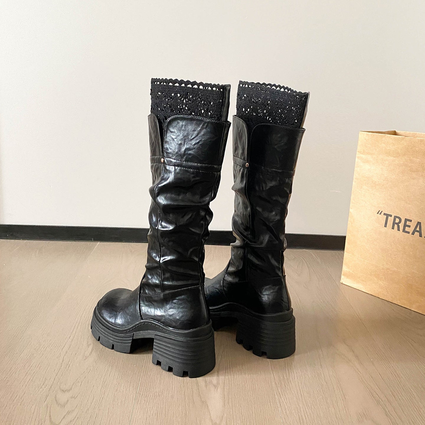 High Lace Chunky Platform Below The Knee Women's Leather Boots