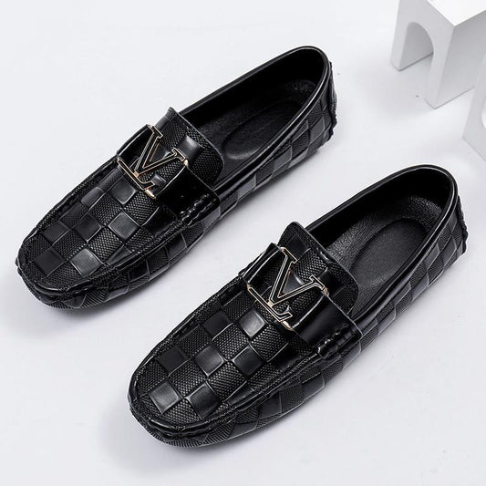 Men's Business Slip-on Flat Driving Plaid Cowhide Casual Shoes