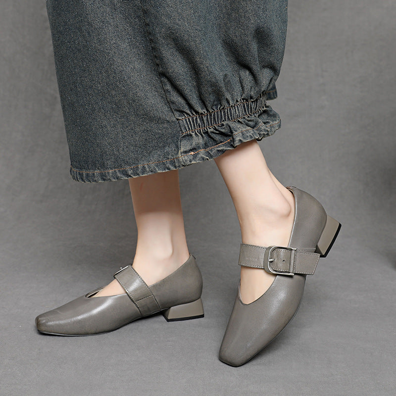 Women's Fashionable Round Head Chunky Low Mary Jane Western Style Shallow Heels