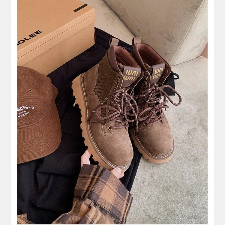 Women's British Style Fashionable Short Booties Round Head Thick Women's Leather Boots