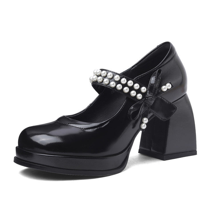 Women's Spring Pearl Strap Mary Jane High Pumps Waterproof Platform Round Women's Fashion Shoes
